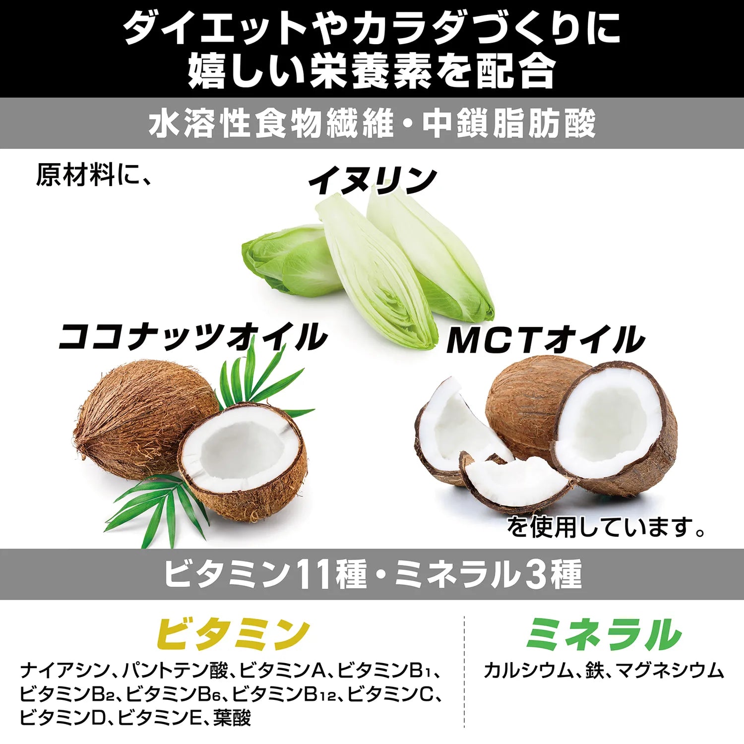 イヌリンやMCTオイルを使用し、さらに11種のビタミンと3種のミネラルを配合
