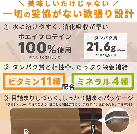 "1.水に溶けやすく、消化吸収が早い 2.ビタミン11種、ミネラル4種配合 3.目詰まりしづらく、しっかり閉まるパッケージ