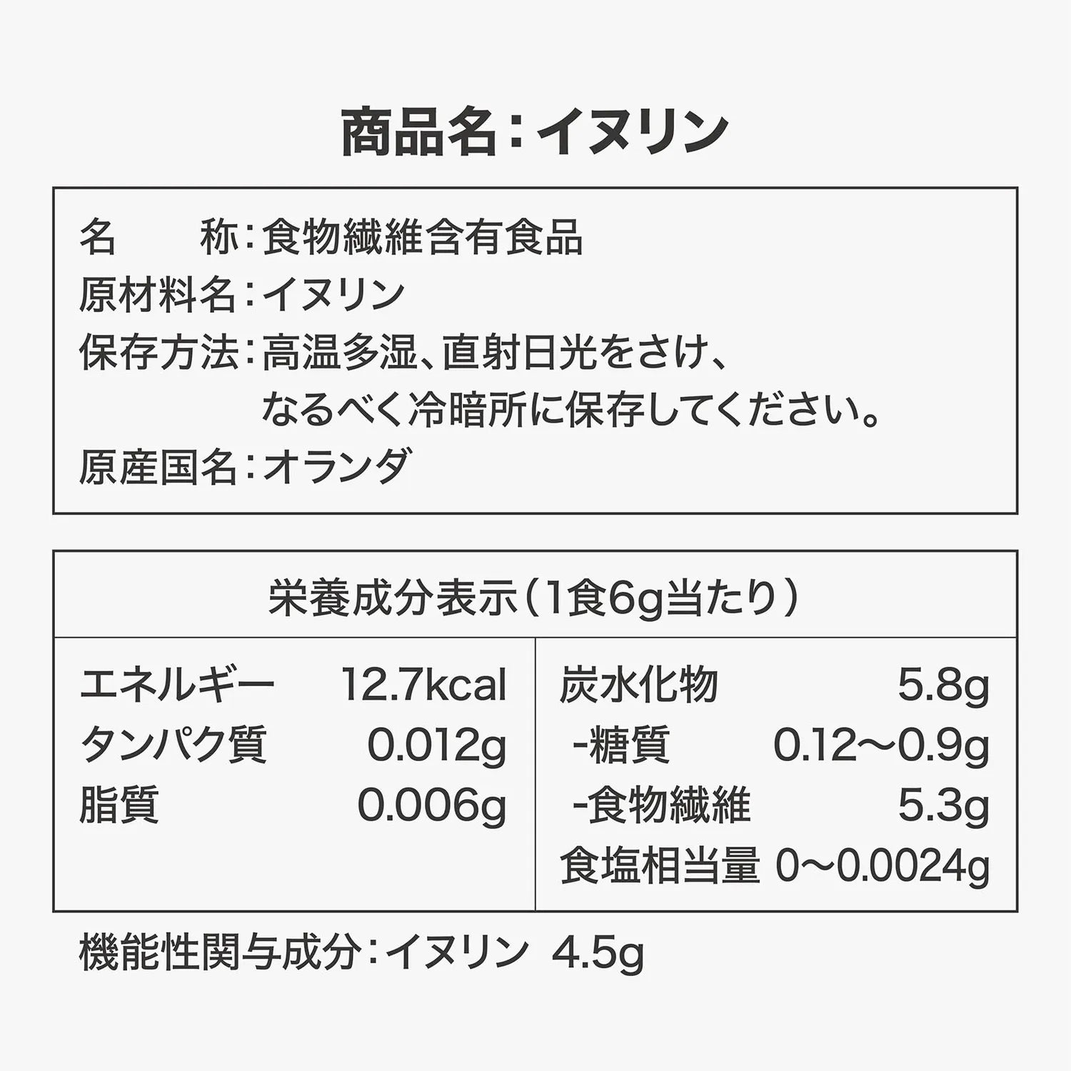 イヌリンの栄養成分表示