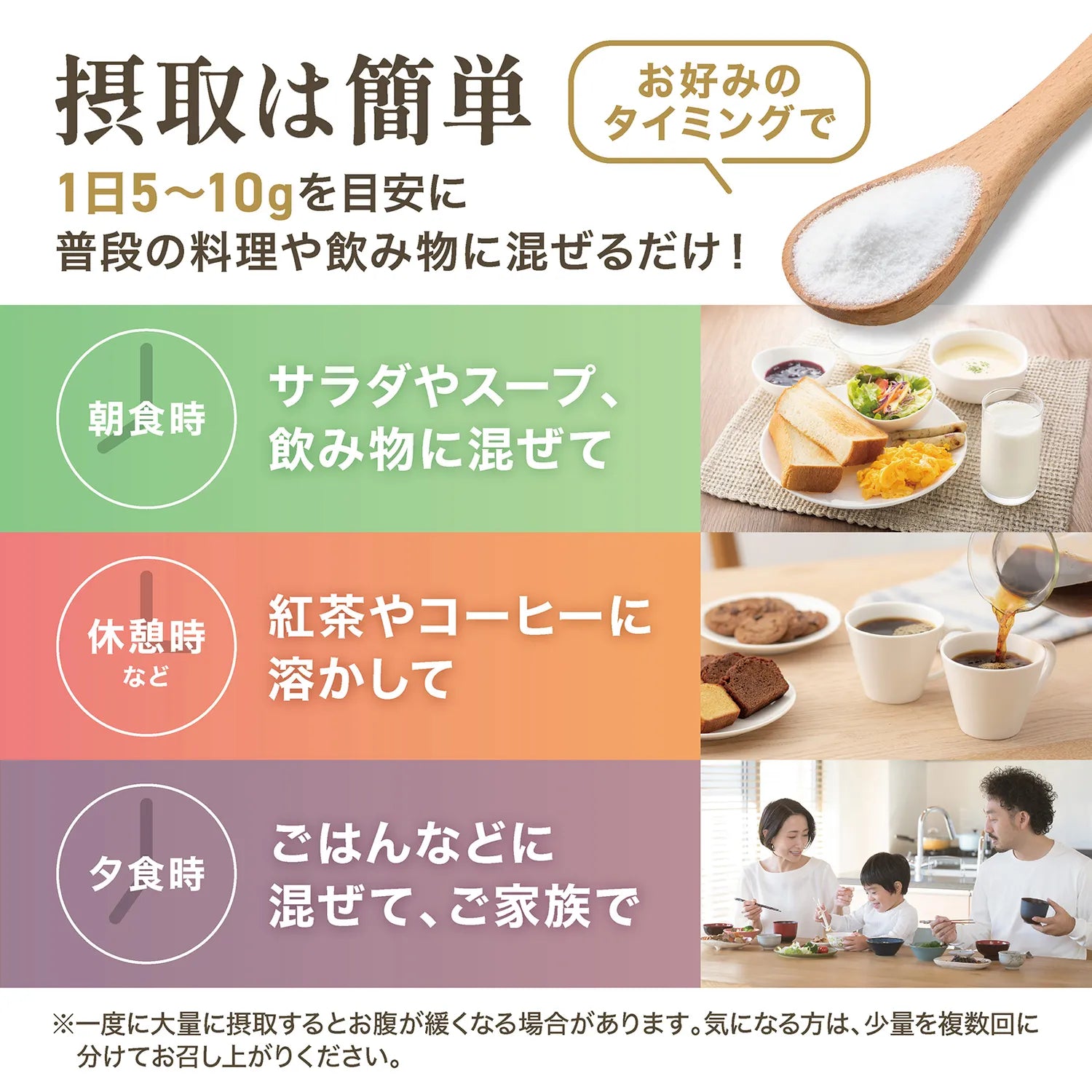 摂取は簡単1日5~10gを目安に普通の料理や飲み物に混ぜるだけ!