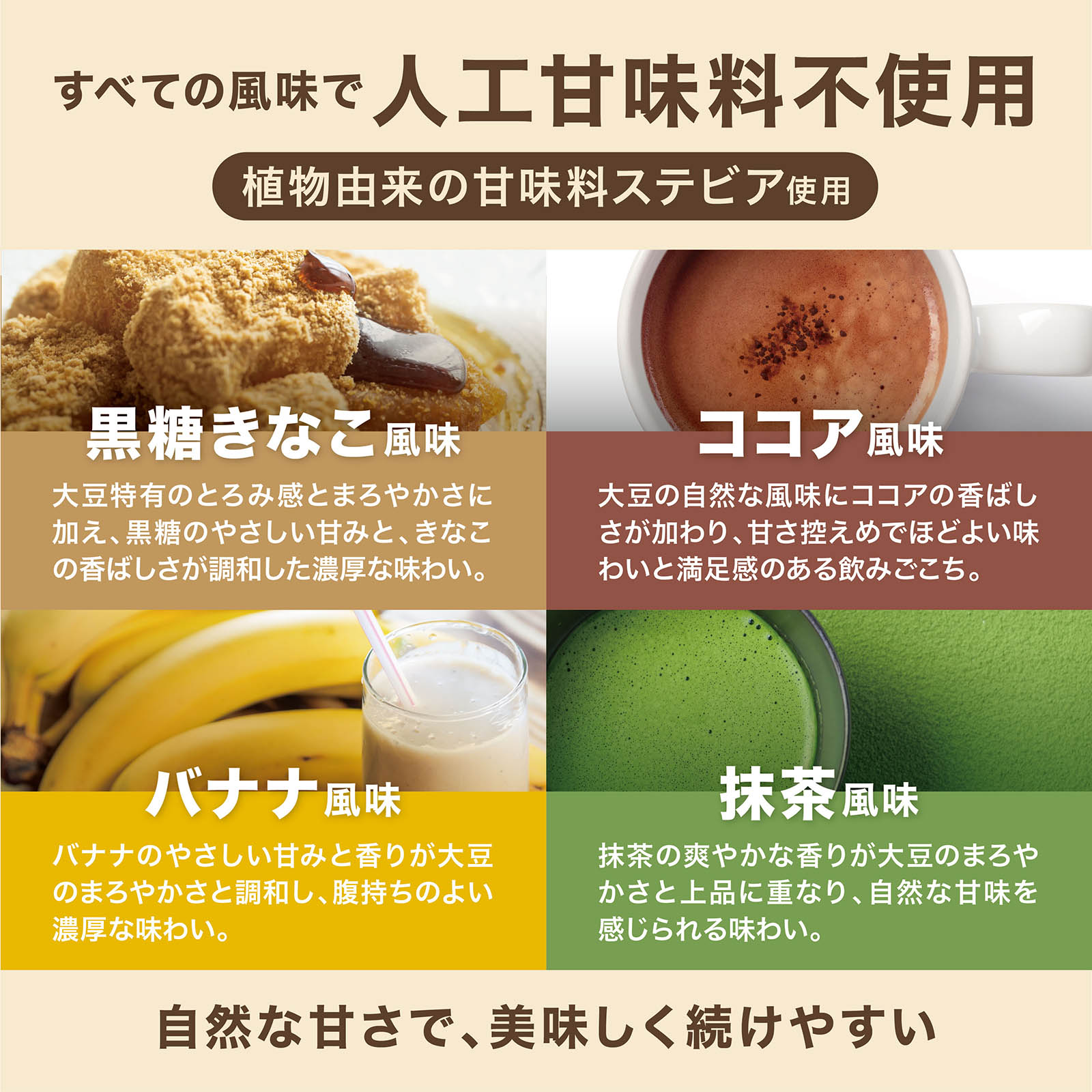 すべての風味で人工甘味料不使用