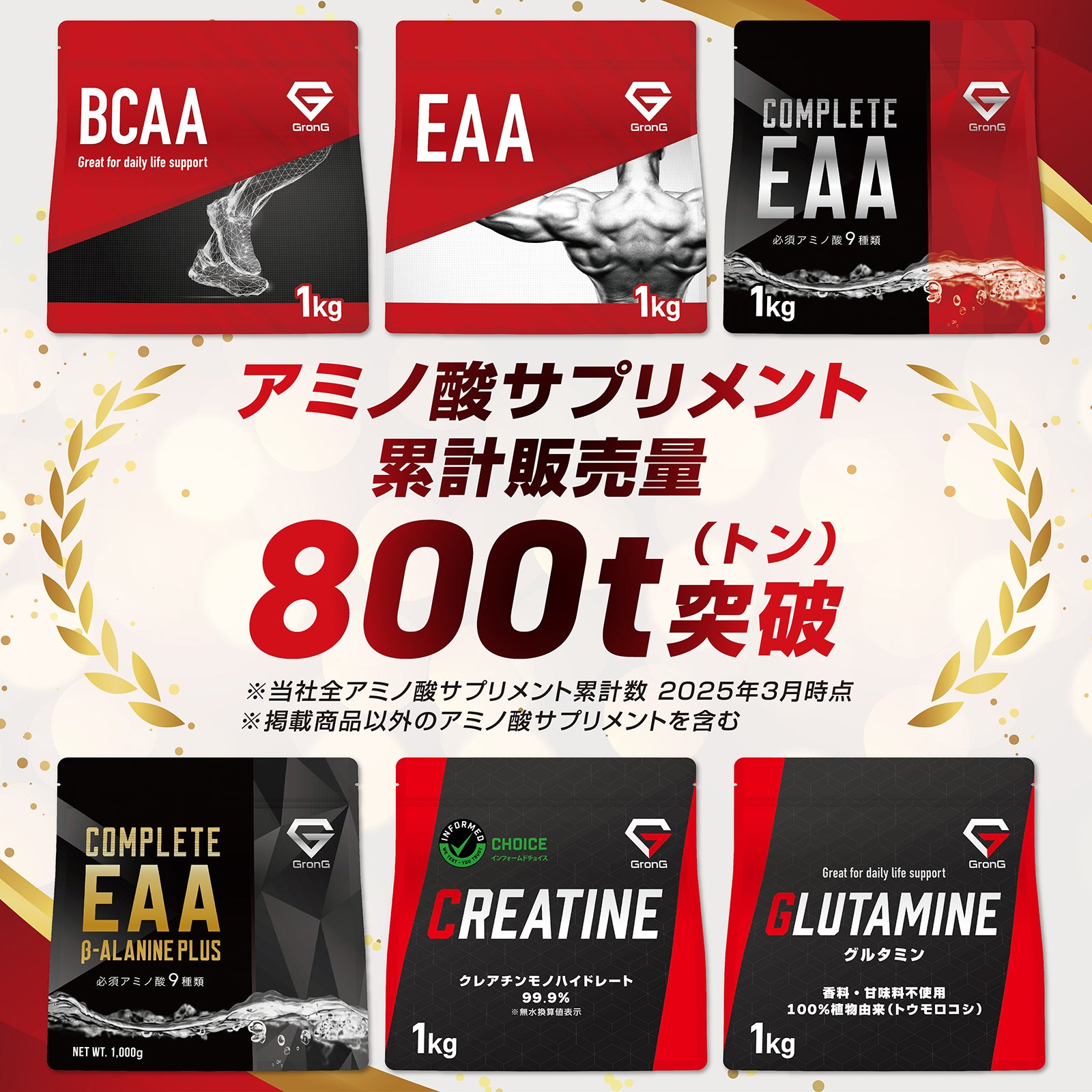 グロングのアミノ酸サプリメントの累計販売量は八百トンを突破しています