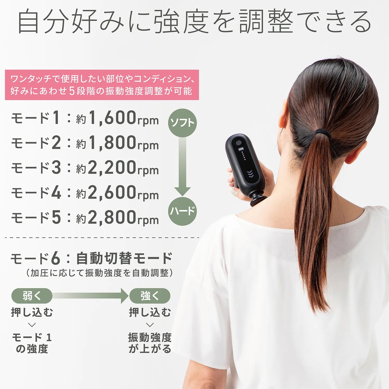 ソフトな刺激からしっかりほぐす強めのモードまで6種類が選択可能です。