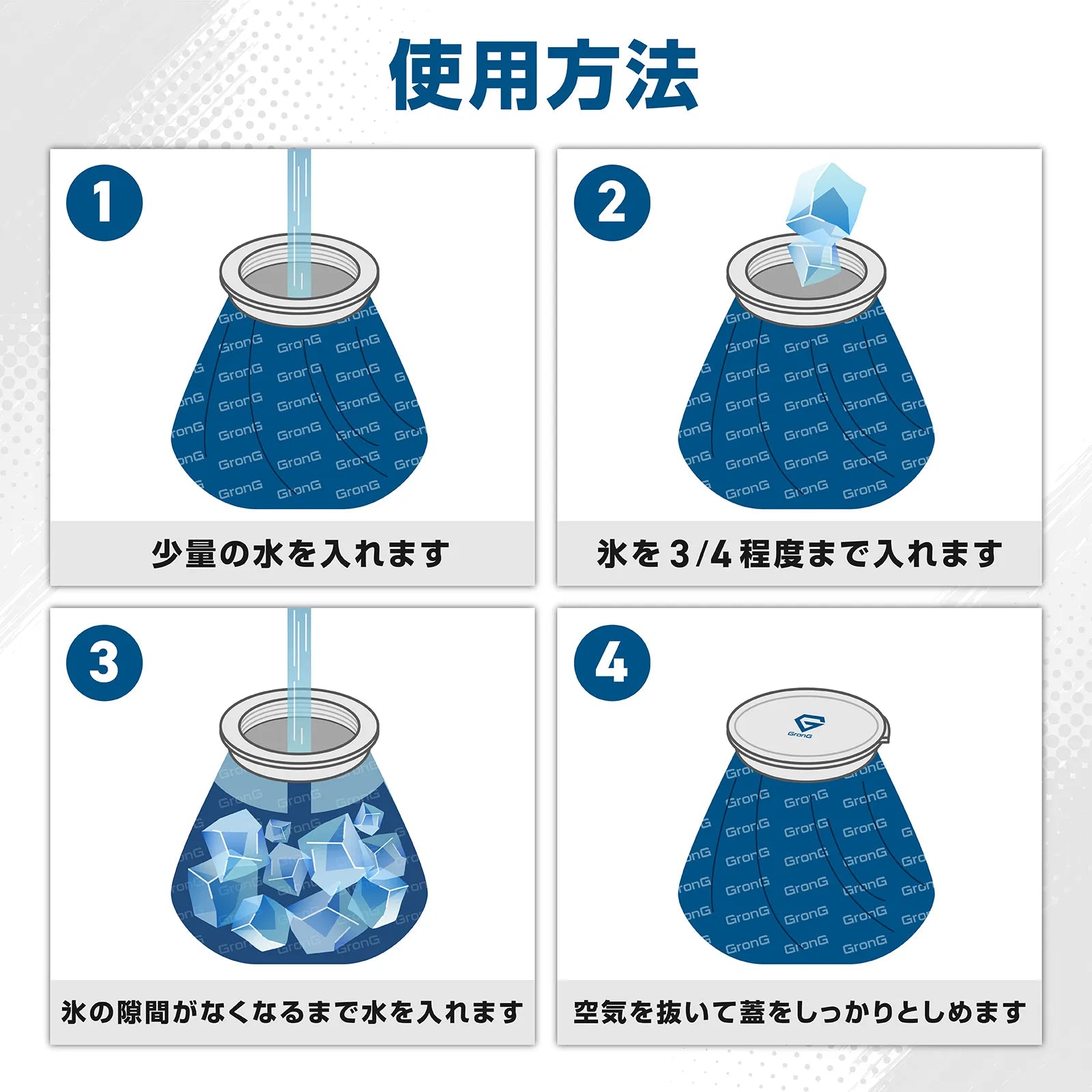 水と氷の入れ方から空気抜き・蓋の閉め方までを4ステップで解説した氷のうの使用方法の図