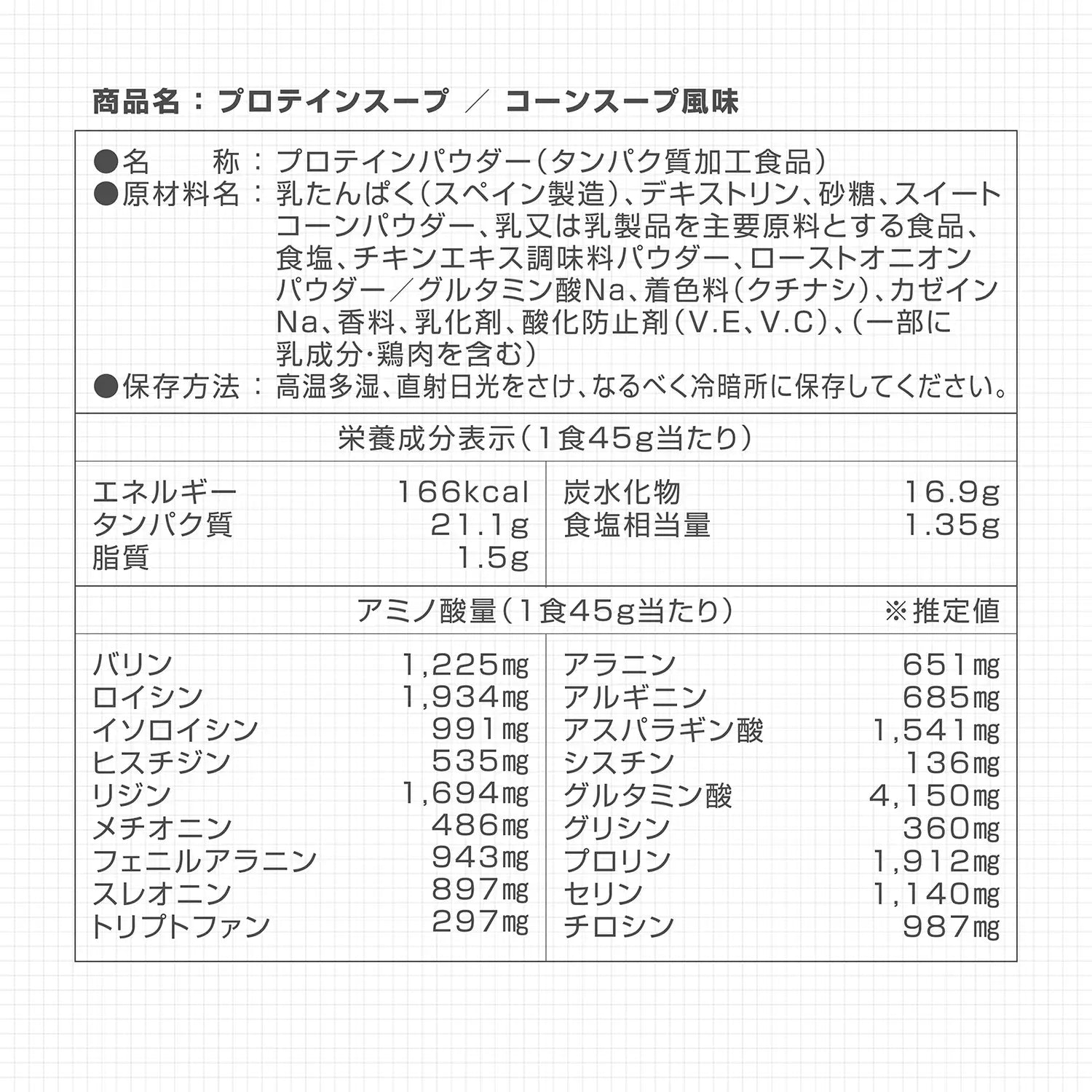 プロテインスープ コーンスープ風味 栄養成分表示