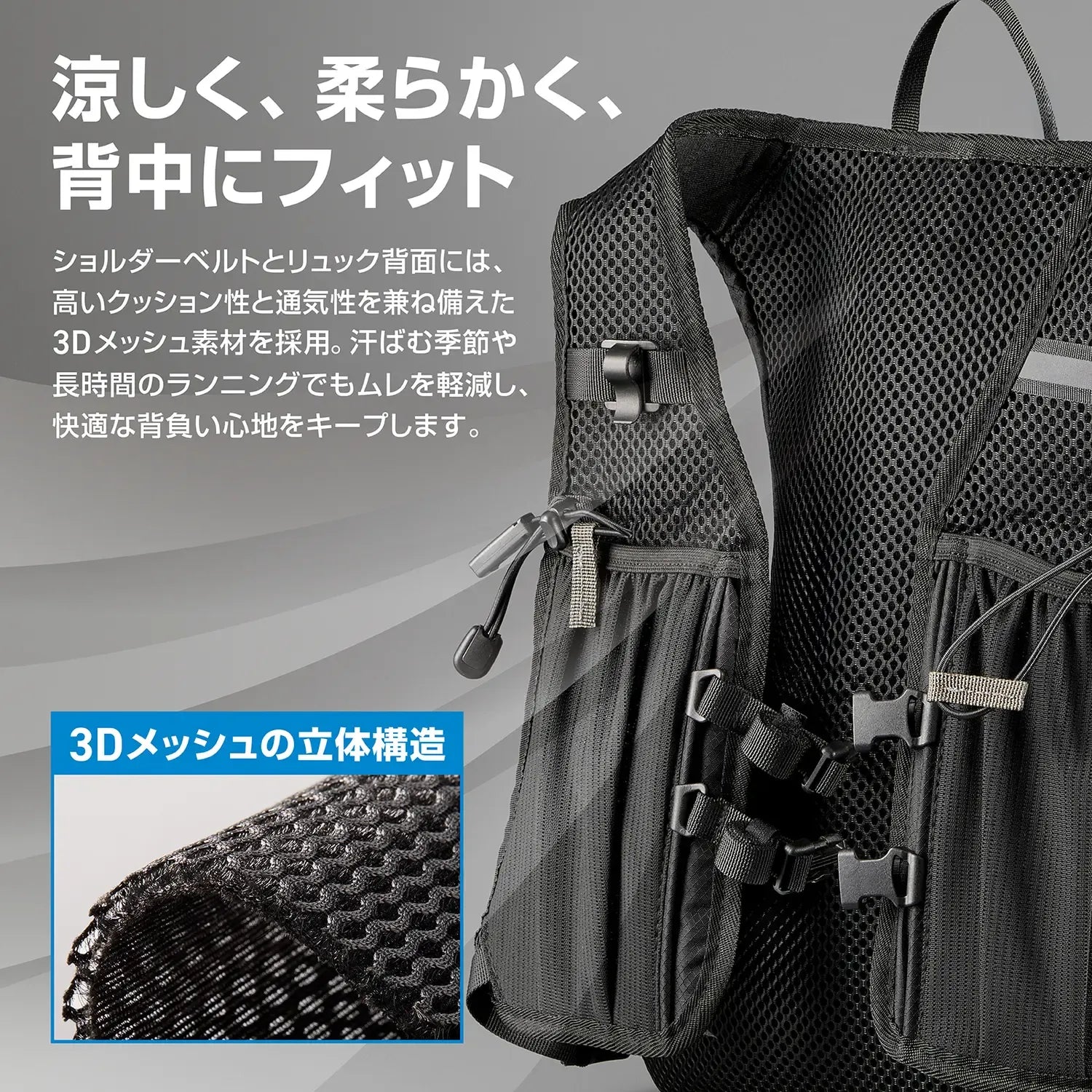 3Dメッシュ素材で通気性とクッション性を両立したランニングリュックの背面・肩ベルト構造