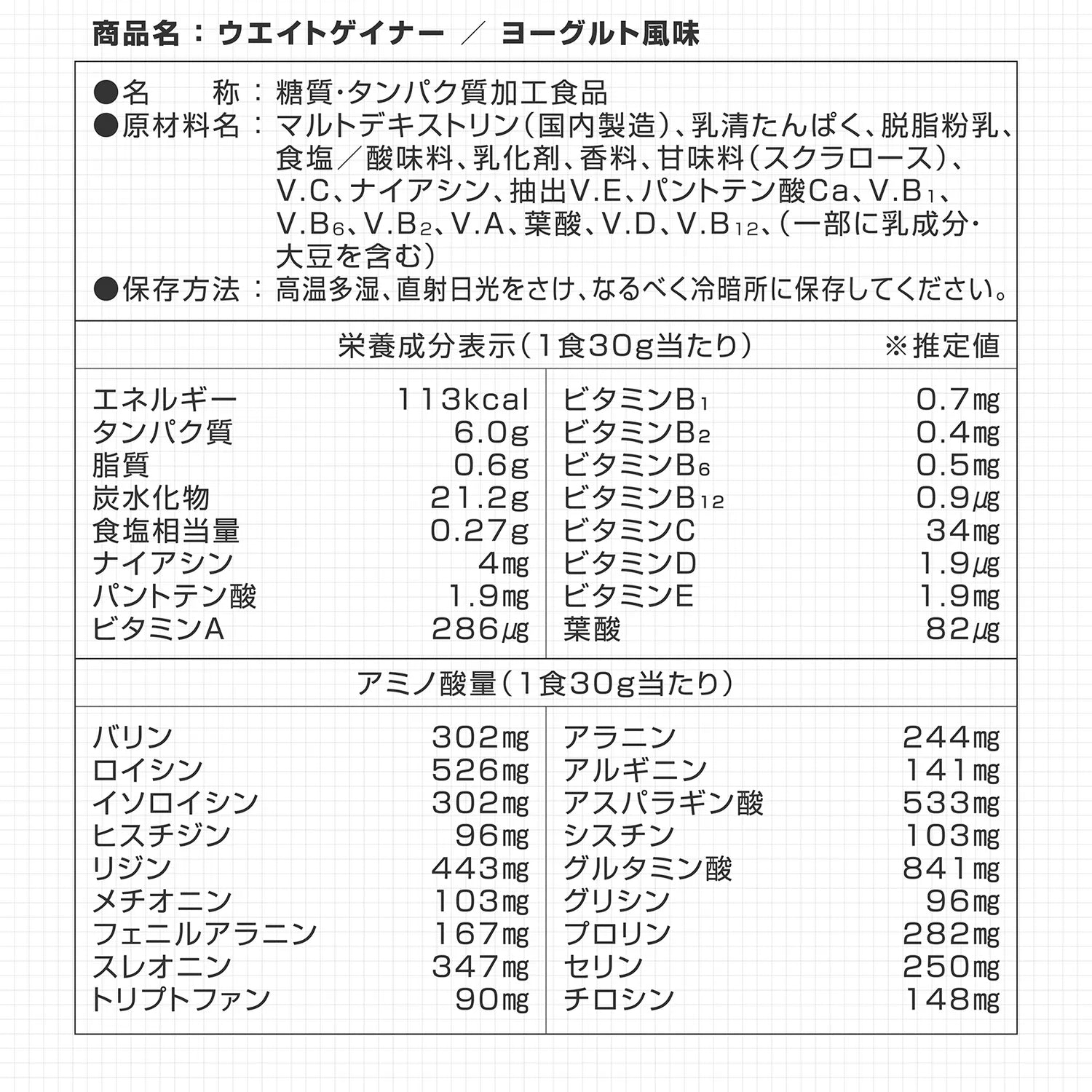 ウエイトゲイナープロテイン ヨーグルト風味の栄養成分表示