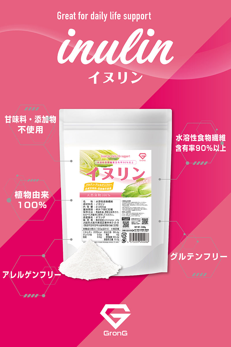 グロングのイヌリンは、甘味料などの添加物を使っておらず、水溶性植物繊維の含有率が90%以上です