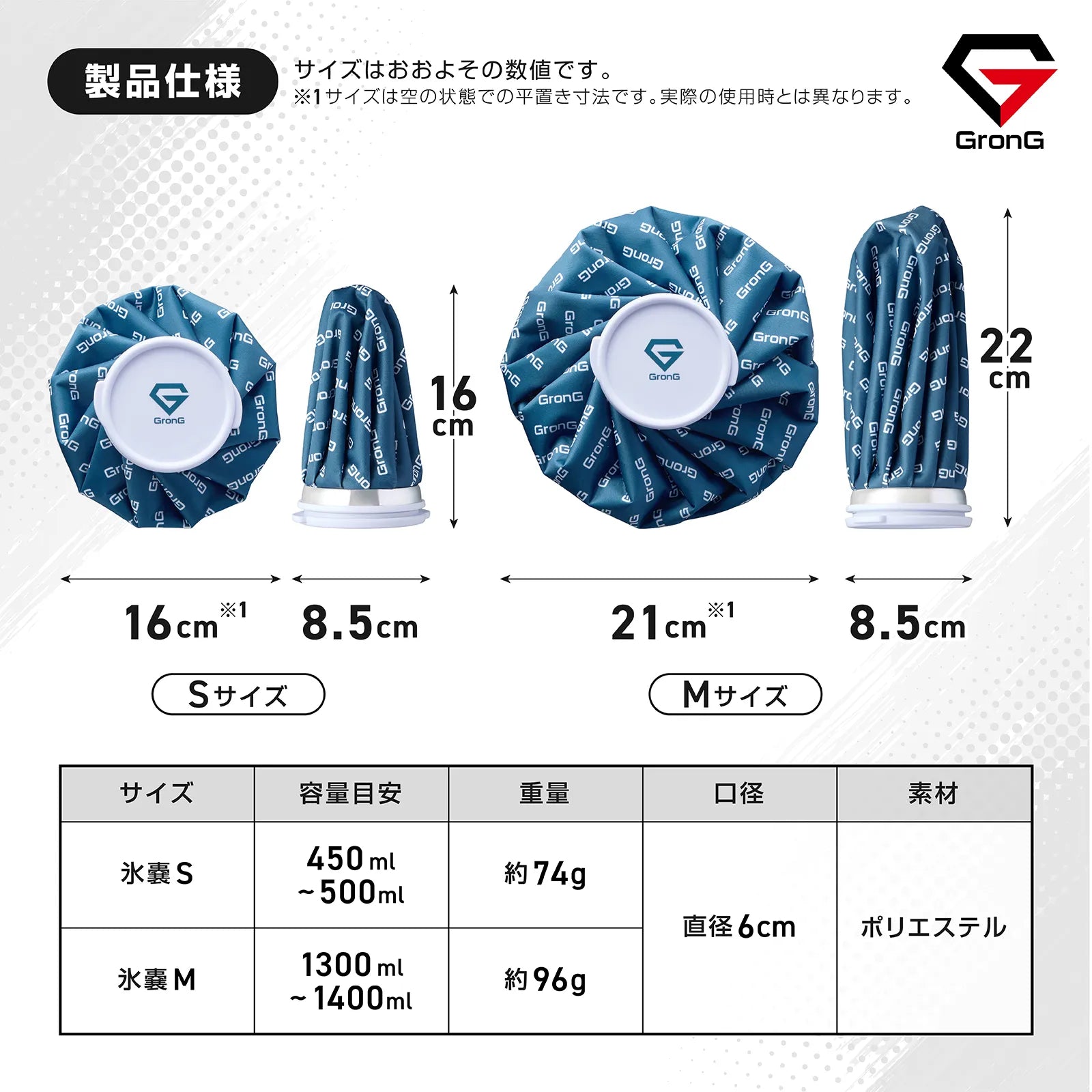 氷のうS・Mのサイズ・容量目安・重量・口径・素材をまとめた製品仕様の比較表