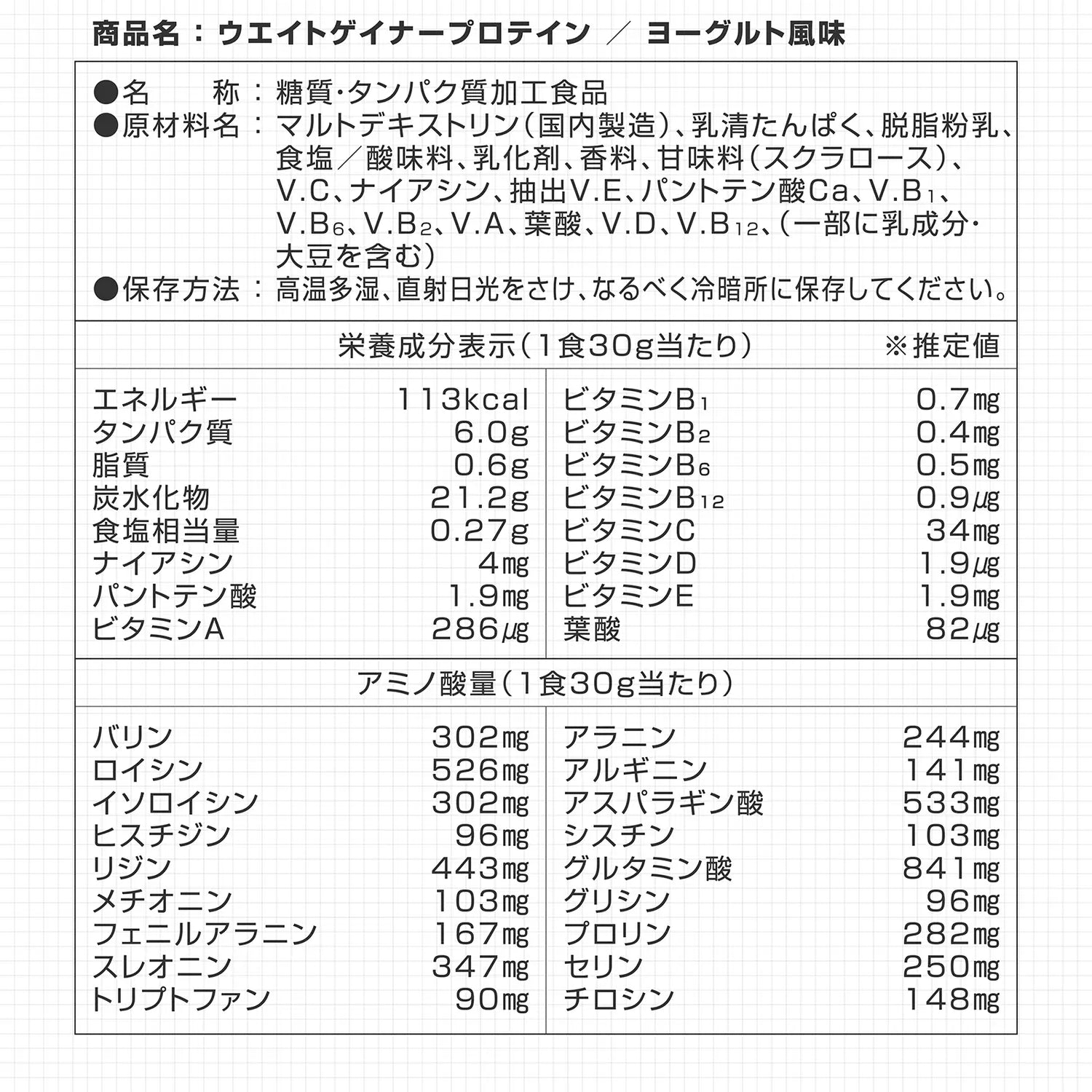 ウエイトゲイナープロテイン ヨーグルト風味の栄養成分表示